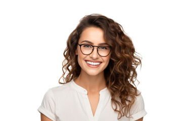 Obraz premium Studio portrait of a beautiful young Caucasian Americana business woman wear glasses and casual shirt with an attractive smile, isolated on transparent png background.