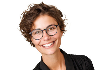 Obraz premium Studio portrait of a beautiful young Caucasian Americana business woman wear glasses and casual shirt with an attractive smile, isolated on transparent png background.