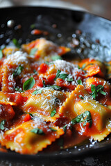 Cooking Ravioli meal in a pan eating pasta lunch with tomato sauce basil tomatoes and cheese portrait format - 748903851