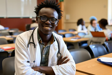Fototapeta premium A Smiling Young Doctor Captivates in Seminar Boardroom
