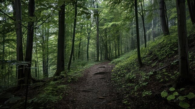 Forest photography capturing deciduous trees and fallen branches on the ground