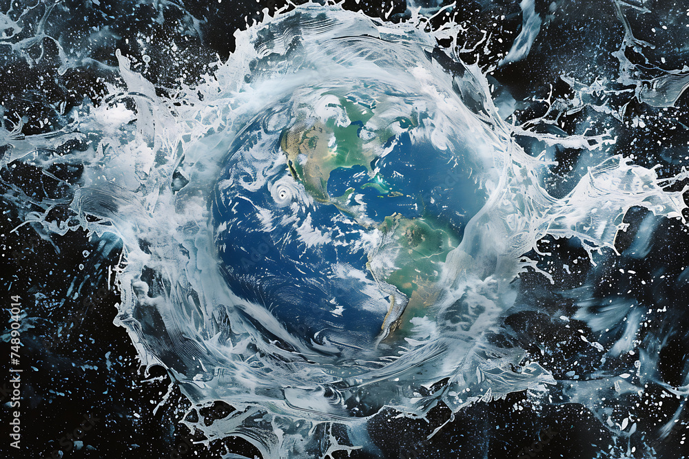 Sticker splash of life: earth adorned with water splashes, symbolizing vitality