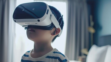 A young child with short hair, wearing a striped shirt, is indoors standing near a window with curtains slightly open, actively engaged in a virtual reality experience facilitated by a modern VR heads