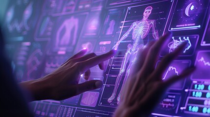 A close-up view of a person's hands as they touch and manipulate a high-tech, interactive holographic screen, which is displaying vivid 3D images of human skeletal anatomy alongside various health met