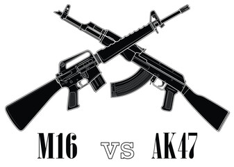 Vector illustration of two crossed rifles, american M16 and soviet AK47, and subtitles. Black.