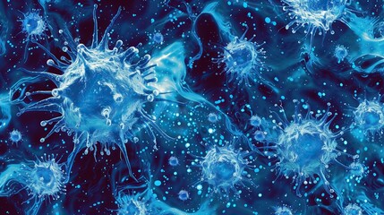 This image portrays a highly detailed, artistic representation of virus particles, in various shades of blue, set against a dark background to emulate the appearance of a microscopic view. Th