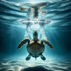 A turtle in clear sea water. Generative AI.