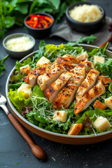 Caesar salad with delicious grilled chicken tomatoes and parmesan cheese on a plate portrait format - 748904055
