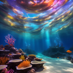 Colorful underwater scene: coral reef with fish in the deep sea