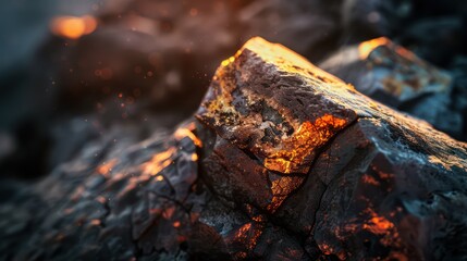 The surface of the rock is fractured and has sharp edges. the background is blurred. front view. night light. Super accurate detail, professional photo