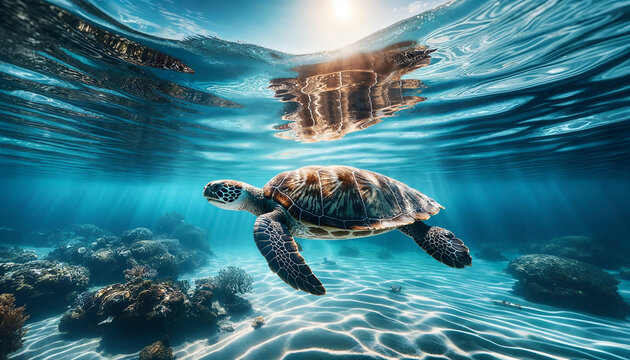 A turtle in clear sea water. Generative AI.