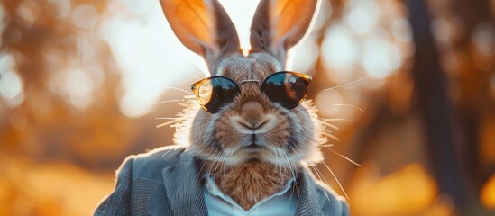 Against a blurred background, the formally dressed rabbit character displays a calm and friendly demeanor, while his relaxed atmosphere creates a pleasant harmony. - obrazy, fototapety, plakaty