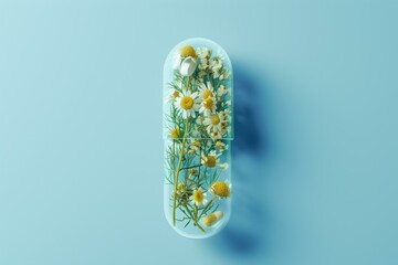 dietary supplements concept a pill capsule with chamomile flowers inside the capsule, pastel blue background - obrazy, fototapety, plakaty