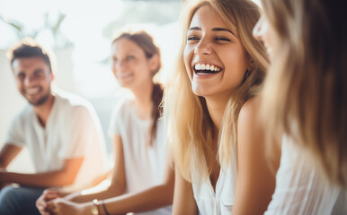 Obraz premium Group of Laughing Friends Enjoying a Café Gathering, Perfect for Social Occasions