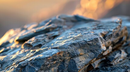 The surface of the rock is fractured and has sharp edges. the background is blurred. front view....