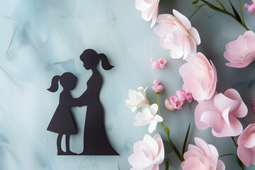 Silhouette of a mother and daughter with delicate flowers around. Mother's Day concept with paper cut art style and floral decoration