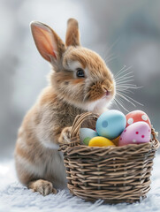 Adorable Bunny with Painted Easter Eggs in Wicker Basket
