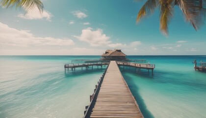 Tropical pier to paradise island beach. Amazing ocean lagoon, sea horizon under blue sky.