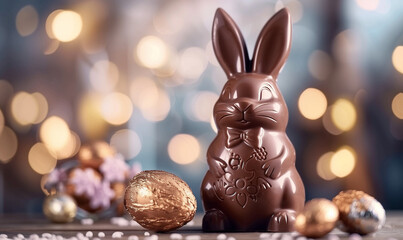 Fototapeta na wymiar Chocolate Easter Bunny with Golden Wrapped Eggs