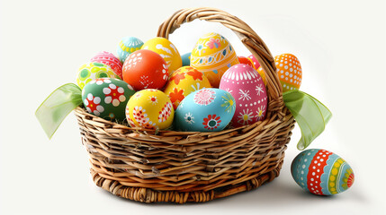 Fototapeta na wymiar Colorful Hand-Painted Easter Eggs in Wicker Basket 