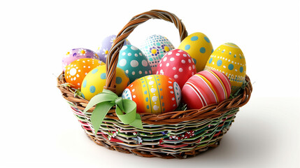 Fototapeta na wymiar Colorful Hand-Painted Easter Eggs in Wicker Basket 