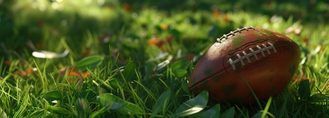 The image shows an American football lying on its side amidst vibrant green grass, suggesting an outdoor setting. The sunlight filters through, highlighting the texture and laces of the brown leather 