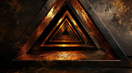 This image displays a sequence of triangular frames that recede into the darkness, forming a tunnel-like structure. The rich textures on the walls suggest a metallic or stone surface with intricate pa - obrazy, fototapety, plakaty