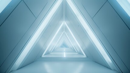 The image captures a modern architectural structure resembling a tunnel with triangular shapes. The design features sleek lines and is bathed in a calming blue light that emits from elongated light fi