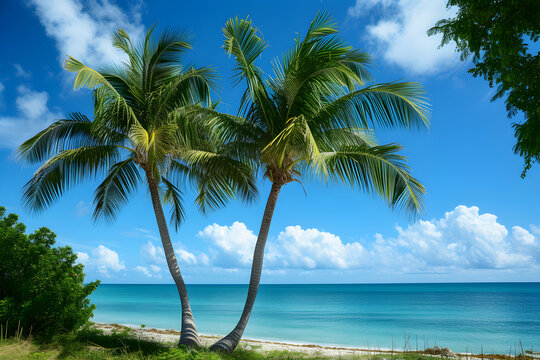 Two palm trees on a sandy beach with the ocean and clouds in the background