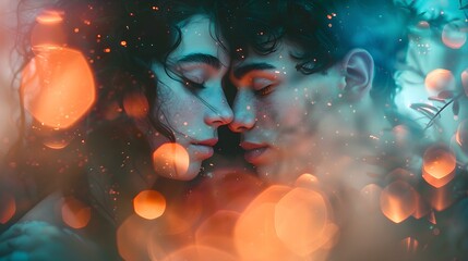 Artistic depiction of two embracing youths surrounded by soft light orbs. Concept Embracing couple, Soft light orbs, Artistic depiction, Romantic themed portrait