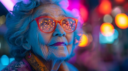 Joyful Elderly Woman Dancing on Dance Floor Amidst Vibrant Club Lights. Concept Elderly Woman, Dancing, Dance Floor, Vibrant Club Lights, Joyful