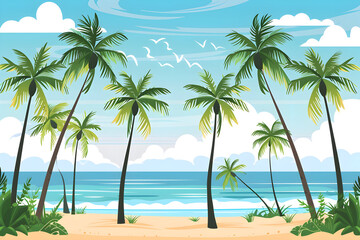 palm trees on a sandy beach with the ocean and clouds in the background