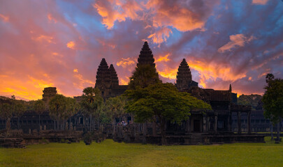 Popular tourist attraction ancient temple complex Angkor Wat - Siem Reap, Cambodia - obrazy, fototapety, plakaty