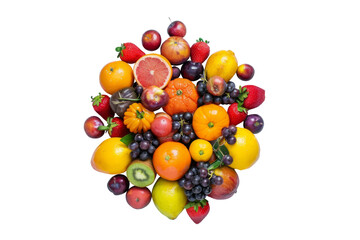 Obraz premium Tropical group of exotic fruits isolated on background, assorted mix fruits with freshness and healthy, high vitamin and minerals.