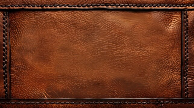 A brown leather background adorned with dark brown stitching around the edges serving as a border