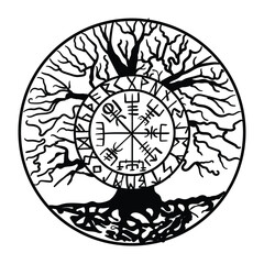 Yggdrasil, the tree of life. Vikings symbol Odin,with futhark runes , YGGDRASIL PAGAN SYMBOLS AND NORSE RUNES	

