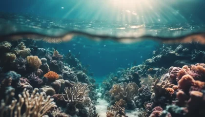 Foto op Plexiglas Underwater coral reef seabed view with horizon and water surface split by waterline © Adi