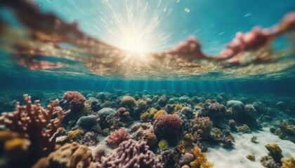 Underwater coral reef seabed view with horizon and water surface split by waterline - obrazy, fototapety, plakaty