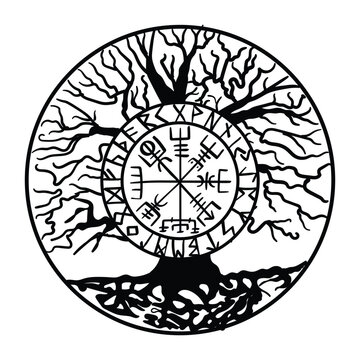Yggdrasil, the tree of life. Vikings symbol Odin,with futhark runes , YGGDRASIL PAGAN SYMBOLS AND NORSE RUNES	

