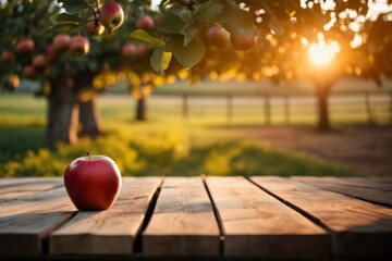 Red Apples on an empty Wooden Table with apple farm background