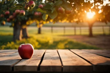 Fotobehang Red Apples on an empty Wooden Table with apple farm background © Rimstockphoto