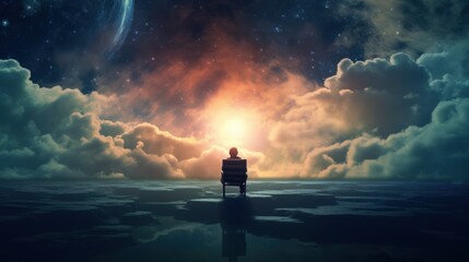 A lonely man sits in a chair in a fantasy landscape with a shining cloudy sky. - obrazy, fototapety, plakaty