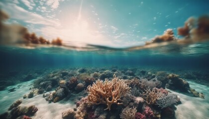 Naklejka na ściany i meble Underwater coral reef seabed view with horizon and water surface split by waterline