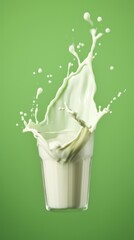 Milk splash in a glass on a green background