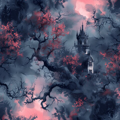 gothic autumn forest with castle tower - watercolor background - generative ai - obrazy, fototapety, plakaty