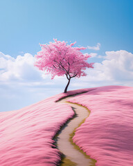 Rosy panorama, vertical scene with a pink meadow, blooming almond tree, path.