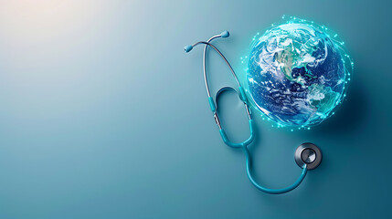 Green Earth day, Save the wold and Global healthcare concept. Stethoscope wrapped around globe on blue background - Powered by Adobe