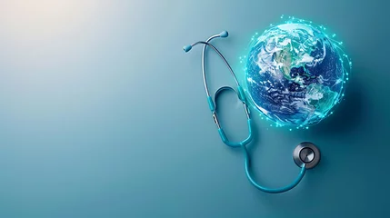 Fotobehang Green Earth day, Save the wold and Global healthcare concept. Stethoscope wrapped around globe on blue background © Jameel