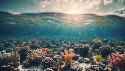 Underwater coral reef seabed view with horizon and water surface split by waterline - obrazy, fototapety, plakaty
