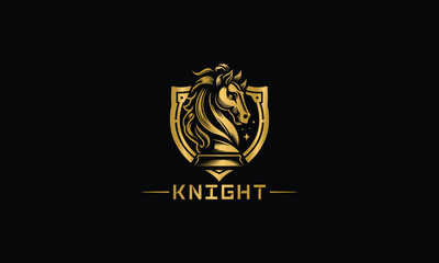 gold knight chess piece symbol, vector template, logo minimalist horse.